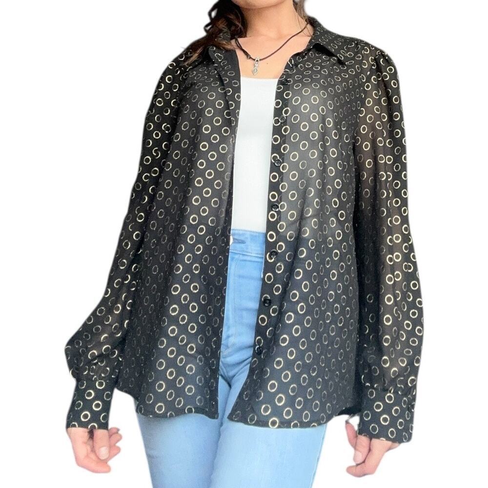 Modcloth womens large black chiffon gold light weight button up collared top​​